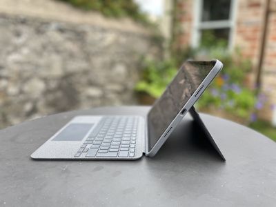 Side view of the iPad and Logitech Combo Touch showing the kickstand