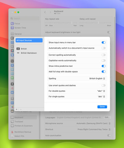 System Settings showing Keyboard Input Sources