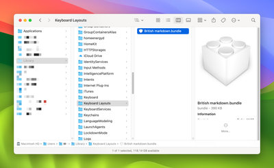 The Library / Keyboard Layouts folder in Finder
